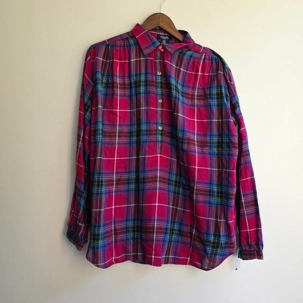 Chaps Denim Pink Plaid Flannel Shirt Womens XL Long Sleeve Button Front Top NWOT